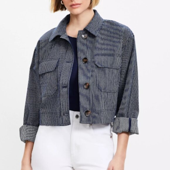 Loft Cropped Stripped Denim Jacket - Picture 1 of 5